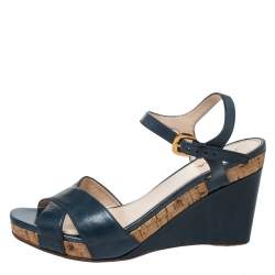 Pre Owned Prada Blue Criss Cross Leather Ankle Strap Wedge Sandals Size 41