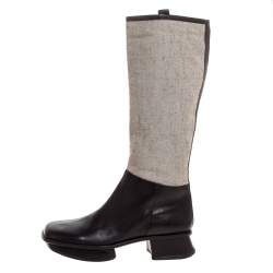 Pre Owned حذاء بوت فوق الركبه برادا نعل سميك و كعب سميك كانفاس بيج و جلد بني مقاس 40