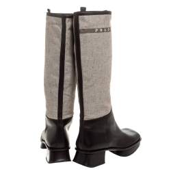 Pre Owned حذاء بوت فوق الركبه برادا نعل سميك و كعب سميك كانفاس بيج و جلد بني مقاس 40