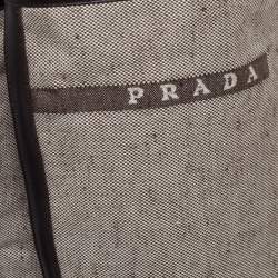 Pre Owned حذاء بوت فوق الركبه برادا نعل سميك و كعب سميك كانفاس بيج و جلد بني مقاس 40