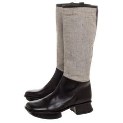 Pre Owned حذاء بوت فوق الركبه برادا نعل سميك و كعب سميك كانفاس بيج و جلد بني مقاس 40