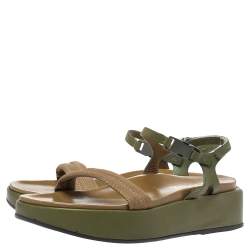 Pre Owned Prada Two-Tone Nylon And Leather Velcro Slingback Platform Sandals Size 39.5