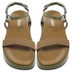 Pre Owned Prada Two-Tone Nylon And Leather Velcro Slingback Platform Sandals Size 39.5