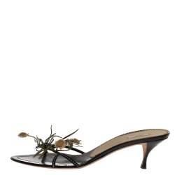 Pre Owned Prada Black Fabric And Multicolor Leather Floral Applique Embellished Sandals Size 41