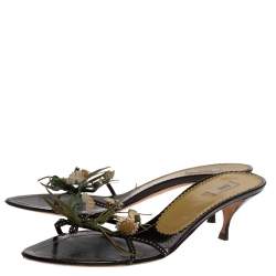 Pre Owned Prada Black Fabric And Multicolor Leather Floral Applique Embellished Sandals Size 41