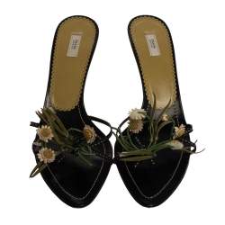 Pre Owned Prada Black Fabric And Multicolor Leather Floral Applique Embellished Sandals Size 41