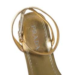 Pre Owned Prada Metallic Gold Leather And Patent Bow Ankle Strap Wedge Sandals Size 40