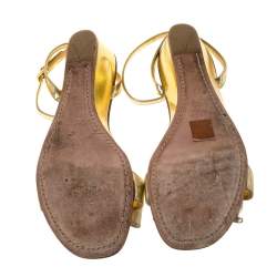 Pre Owned Prada Metallic Gold Leather And Patent Bow Ankle Strap Wedge Sandals Size 40