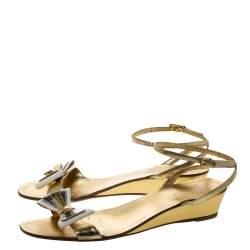 Pre Owned Prada Metallic Gold Leather And Patent Bow Ankle Strap Wedge Sandals Size 40