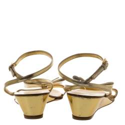 Pre Owned Prada Metallic Gold Leather And Patent Bow Ankle Strap Wedge Sandals Size 40