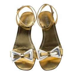 Pre Owned Prada Metallic Gold Leather And Patent Bow Ankle Strap Wedge Sandals Size 40