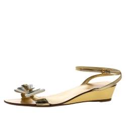 Pre Owned Prada Metallic Gold Leather And Patent Bow Ankle Strap Wedge Sandals Size 40