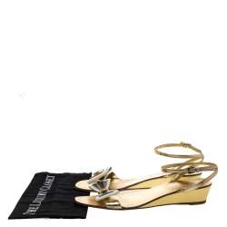 Pre Owned Prada Metallic Gold Leather And Patent Bow Ankle Strap Wedge Sandals Size 40