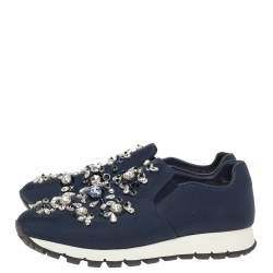 Pre Owned Prada Navy Blue Canvas Crystal Embellished Slip On Sneakers Size 39
