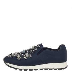 Pre Owned Prada Navy Blue Canvas Crystal Embellished Slip On Sneakers Size 39