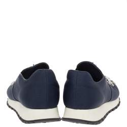 Pre Owned Prada Navy Blue Canvas Crystal Embellished Slip On Sneakers Size 39