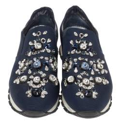 Pre Owned Prada Navy Blue Canvas Crystal Embellished Slip On Sneakers Size 39