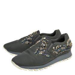 مملوكة مسبقًا Prada Grey Canvas Crystal Embellished Slip On Sneakers Size 38