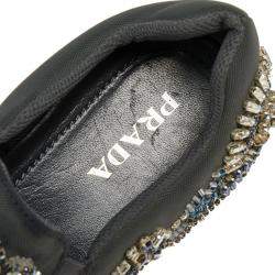مملوكة مسبقًا Prada Grey Canvas Crystal Embellished Slip On Sneakers Size 38
