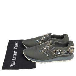 مملوكة مسبقًا Prada Grey Canvas Crystal Embellished Slip On Sneakers Size 38