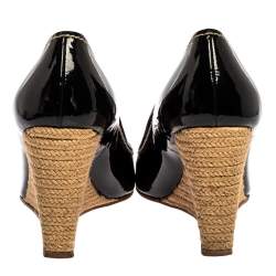 Pre Owned Prada Black Patent Open Toe Espadrille Wedge Pumps Size 38.5