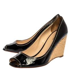 Pre Owned Prada Black Patent Open Toe Espadrille Wedge Pumps Size 38.5