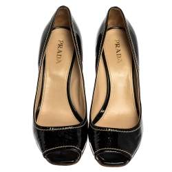 Pre Owned Prada Black Patent Open Toe Espadrille Wedge Pumps Size 38.5