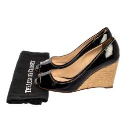 Pre Owned Prada Black Patent Open Toe Espadrille Wedge Pumps Size 38.5