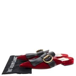 Pre Owned Prada Red/Black Velvet And Leather Fringe Buckle Embellished Pointed Toe Flat Mules Size 38.5