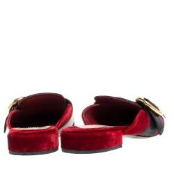 Pre Owned Prada Red/Black Velvet And Leather Fringe Buckle Embellished Pointed Toe Flat Mules Size 38.5