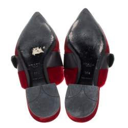 Pre Owned Prada Red/Black Velvet And Leather Fringe Buckle Embellished Pointed Toe Flat Mules Size 38.5