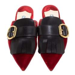 Pre Owned Prada Red/Black Velvet And Leather Fringe Buckle Embellished Pointed Toe Flat Mules Size 38.5