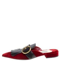 Pre Owned Prada Red/Black Velvet And Leather Fringe Buckle Embellished Pointed Toe Flat Mules Size 38.5