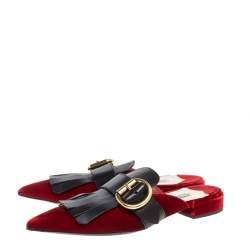 Pre Owned Prada Red/Black Velvet And Leather Fringe Buckle Embellished Pointed Toe Flat Mules Size 38.5