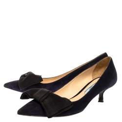 Pre Owned Prada Navy Blue Suede Bow Embellished Pointed Toe Pumps Size 36