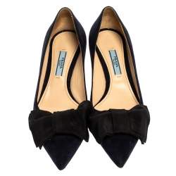Pre Owned Prada Navy Blue Suede Bow Embellished Pointed Toe Pumps Size 36