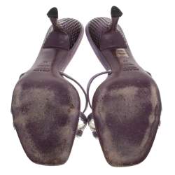 Pre Owned Prada Purple/Silver Leather Scallop Detail Bow Lucite Heel Slide Sandals Size 39