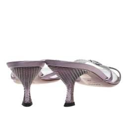 Pre Owned Prada Purple/Silver Leather Scallop Detail Bow Lucite Heel Slide Sandals Size 39