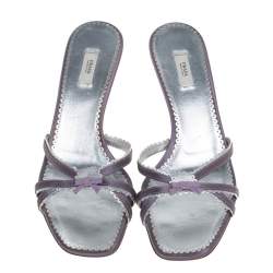 Pre Owned Prada Purple/Silver Leather Scallop Detail Bow Lucite Heel Slide Sandals Size 39