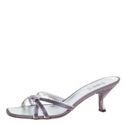 Pre Owned Prada Purple/Silver Leather Scallop Detail Bow Lucite Heel Slide Sandals Size 39