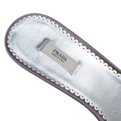 Pre Owned Prada Purple/Silver Leather Scallop Detail Bow Lucite Heel Slide Sandals Size 39