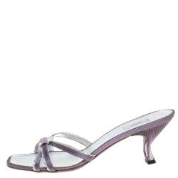 Pre Owned Prada Purple/Silver Leather Scallop Detail Bow Lucite Heel Slide Sandals Size 39