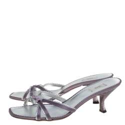 Pre Owned Prada Purple/Silver Leather Scallop Detail Bow Lucite Heel Slide Sandals Size 39