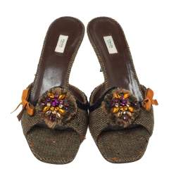 Pre Owned Prada Multicolor Tweed Crystal And Bow Embellished Slide Sandals Size 38.5