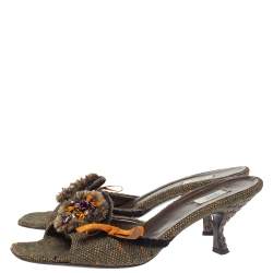 Pre Owned Prada Multicolor Tweed Crystal And Bow Embellished Slide Sandals Size 38.5