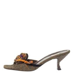 Pre Owned Prada Multicolor Tweed Crystal And Bow Embellished Slide Sandals Size 38.5