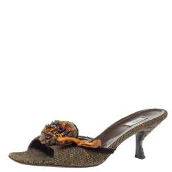 Pre Owned Prada Multicolor Tweed Crystal And Bow Embellished Slide Sandals Size 38.5