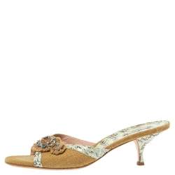 Pre Owned Prada Brown Jute Canvas And Blue Snakeskin Crystal Embellished Slide Sandals Size 39