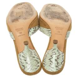 Pre Owned Prada Brown Jute Canvas And Blue Snakeskin Crystal Embellished Slide Sandals Size 39