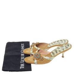 Pre Owned Prada Brown Jute Canvas And Blue Snakeskin Crystal Embellished Slide Sandals Size 39